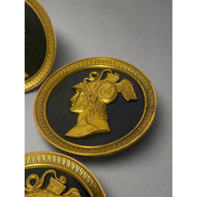 Grand Tour Set 5, 19th Century French Neoclassical Gilt Bronze Warrior Medallion Tiebacks For Sale - Image 3 of 10