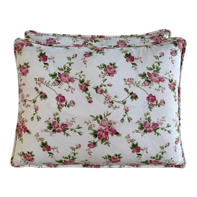 Pair of Floral Cotton Decorative Pillows With Rose Print For Sale