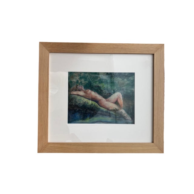 Original unsigned pastel nude drawing on paper, executed mid-20th century (likely 1960s–1970s). The composition features a...