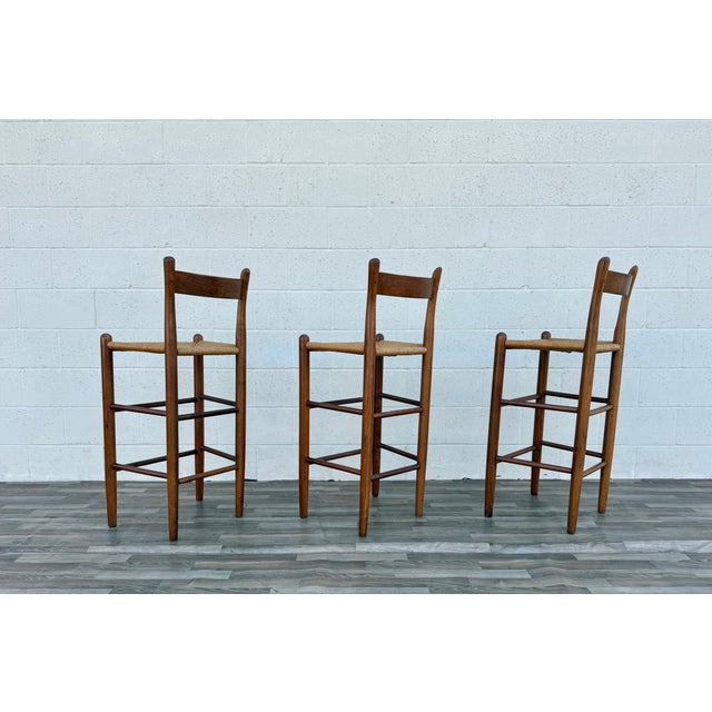 1970s Set of 3 Danish Modern Style Oak Bar Stools With Rush Seats | Mid-Century For Sale - Image 15 of 18
