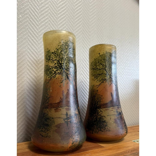 Tinted Glass Roller Vases with Lakeside Landscape and Fishermen after Legras, 1890s, Set of 2 For Sale - Image 3 of 7