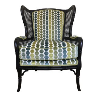 Ethan Allen Faux Bamboo Press Cane Wing Back Occasional Chair Green Teal Velvet For Sale