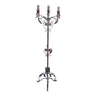1920s Spanish Revival Wrought Iron Candelabra Floor Lamp For Sale