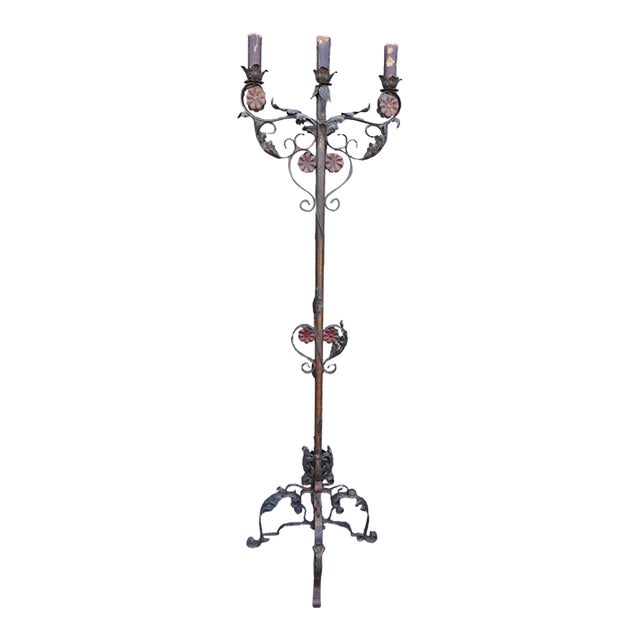 1920s Spanish Revival Wrought Iron Candelabra Floor Lamp For Sale