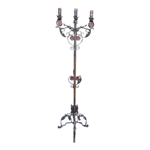 1920s Spanish Revival Wrought Iron Candelabra Floor Lamp
