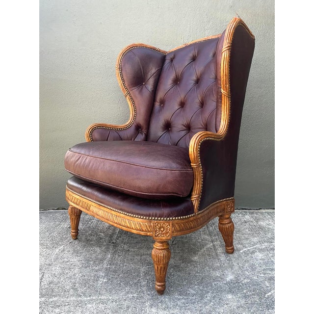 French Provincial Vintage Tufted Leather Wingback Chair For Sale - Image 3 of 12