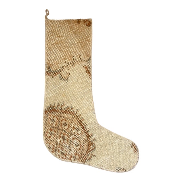 Faded Vintage Wool Kilim Christmas Stocking, Ivory & Rust Accents, 12.2 X 17.7 in – One of a Kind Turkish Decor For Sale