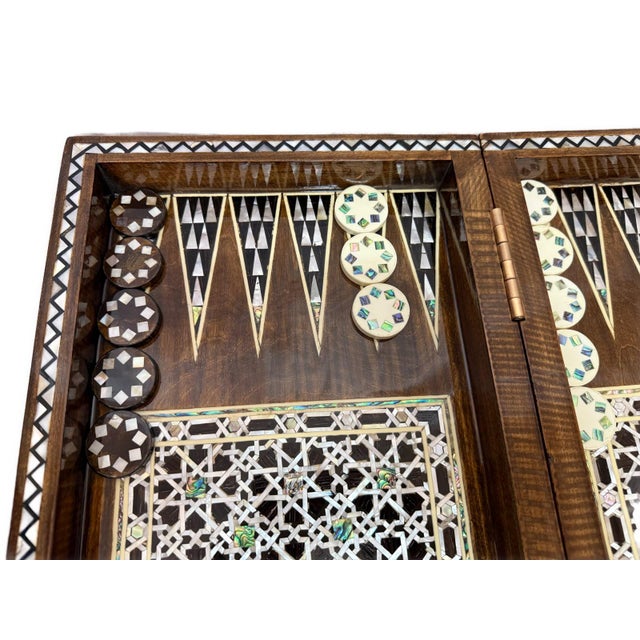 Handmade Mother of Pearl Backgammon & Chess Board 21” Wooden Game Set For Sale - Image 4 of 11