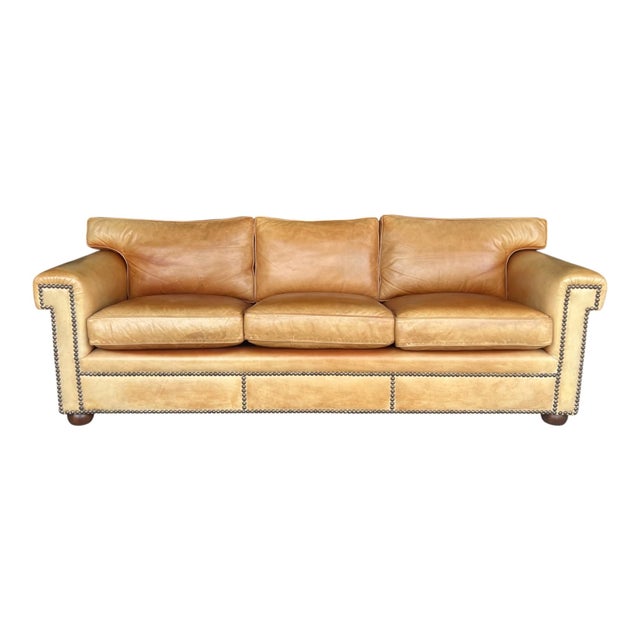 Vintage English Leather Sofa Tan Color Nail Head Trim Feather Down Cushions For Sale - Image 4 of 18