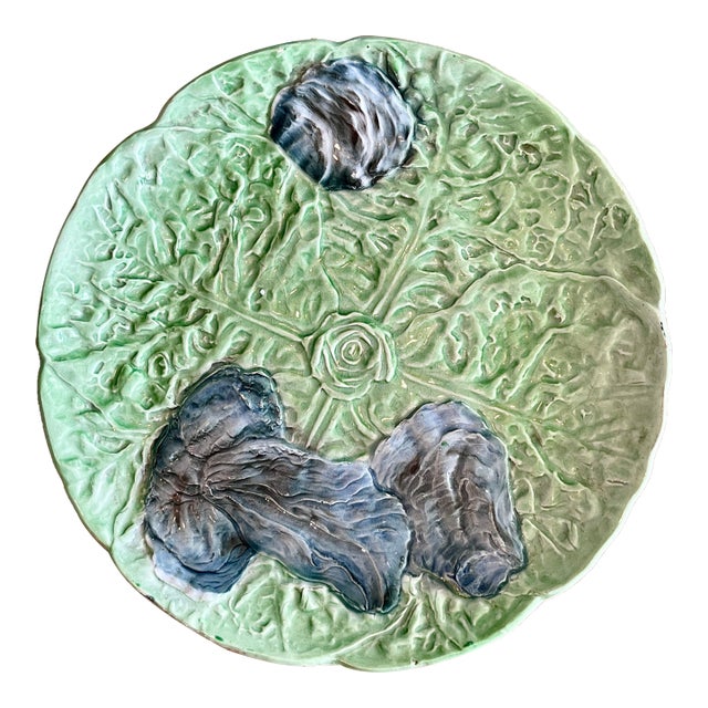 French Antique Majolica Plate, Oysters on a Bed of Lettuce Leaves, H. Boulenger C.1890 For Sale