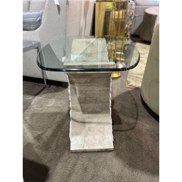 1990s Magnussen Tessellated Stone & Glass Top Side Table For Sale - Image 4 of 12