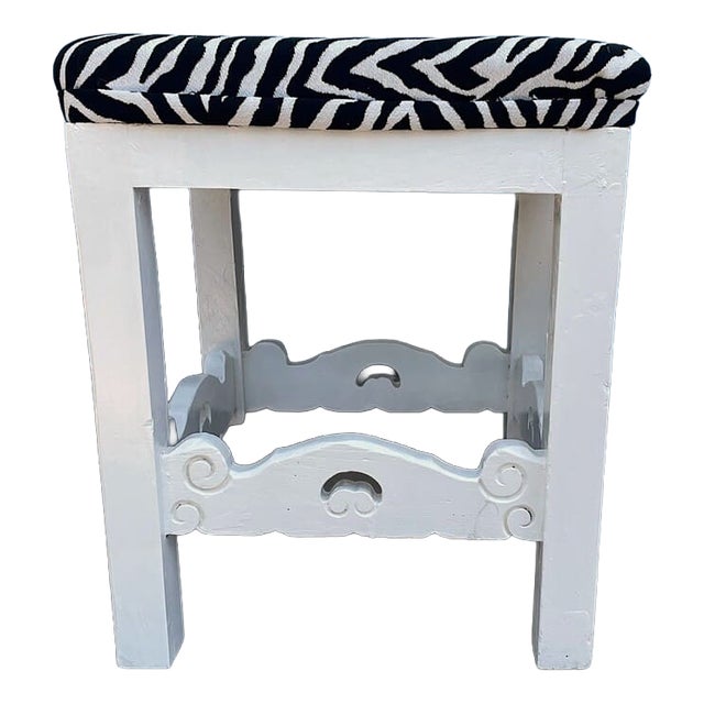 Vintage Portuguese Rustic Wood Stool White with Zebra Fabric Upholstery, 1940s For Sale