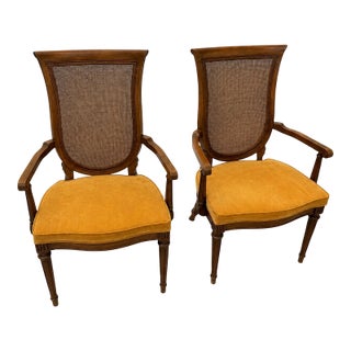 Pair of Vintage French Regency Cane Back Armchairs With Original Harvest Gold Upholstery For Sale