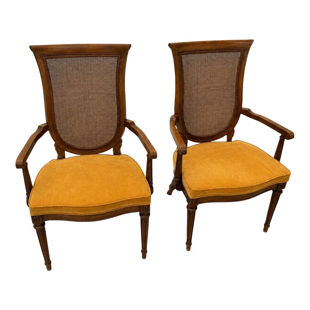 Pair of Vintage French Regency Cane Back Armchairs With Original Harvest Gold Upholstery For Sale