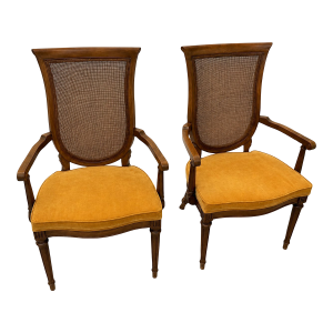 Pair of Vintage French Regency Cane Back Armchairs With Original Harvest Gold Upholstery