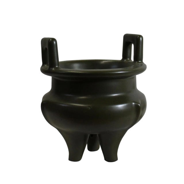 Ceramic Chinese Handmade Dark Olive Army Green Ceramic Accent Ding Holder For Sale - Image 7 of 7