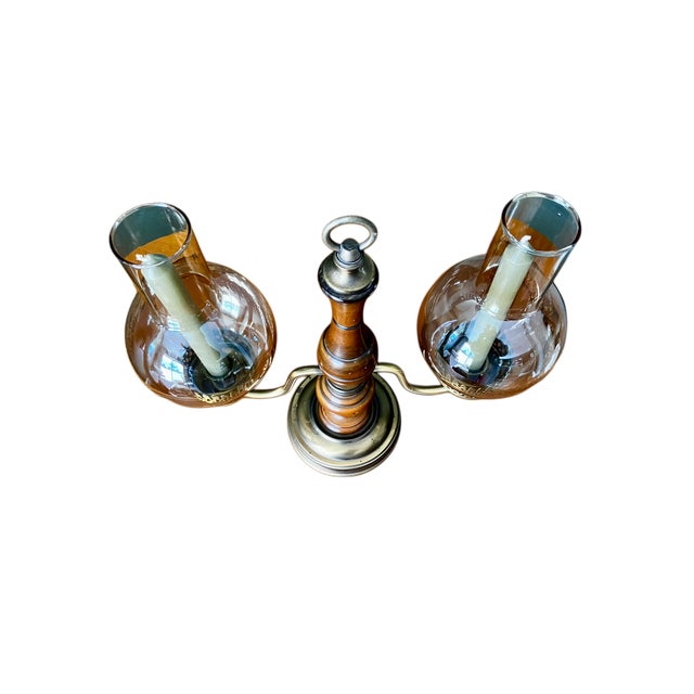 Vintage Brass and Wood Candelabra With Two Hurricane Glass Shades For Sale In Milwaukee - Image 6 of 18