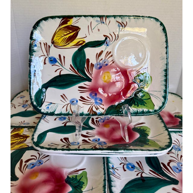 Vintage Italian Hand-Painted Floral Snack Plates With Cup Rests - Set of 8 For Sale - Image 12 of 13