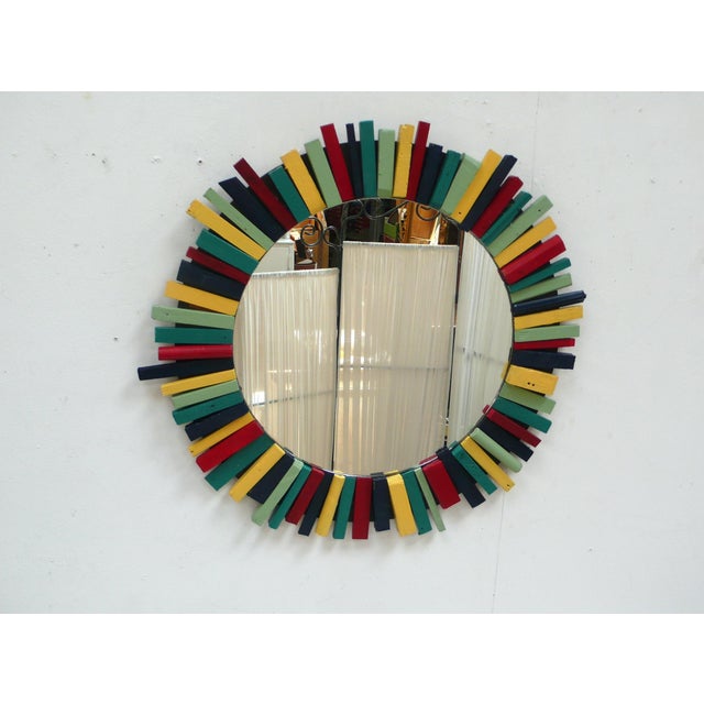 Rustic Wall Mirror Round with Colorful Rustic Wooden Frame, 1960s For Sale - Image 3 of 5