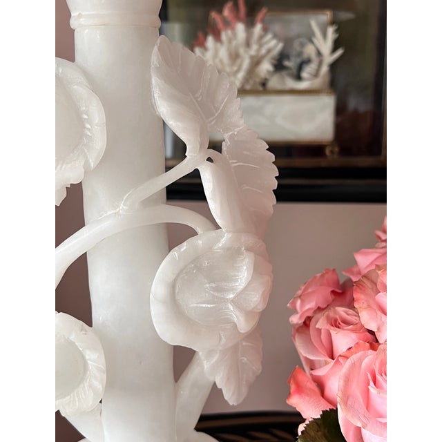 1940s Vintage White Carved Alabaster Lamps - a Pair For Sale - Image 5 of 12