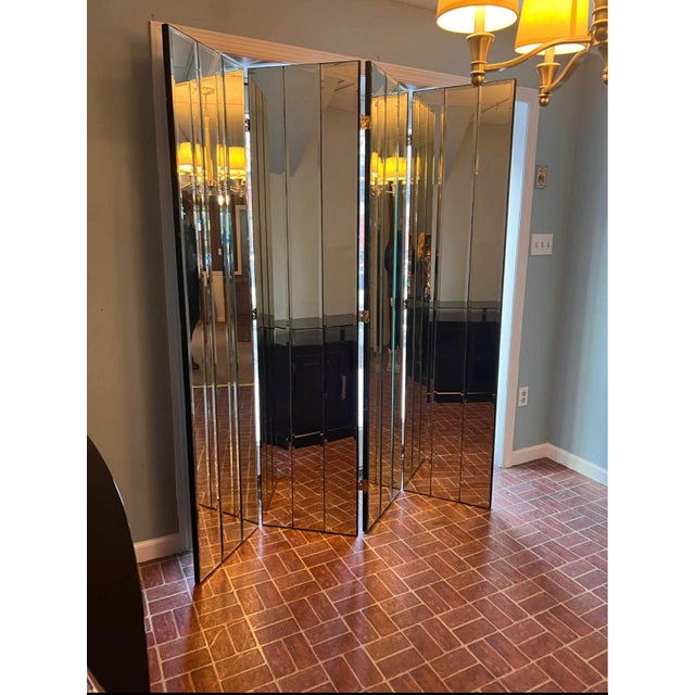 Mid-Century Modern Vintage Four Panel Beveled Mirrored Screen For Sale - Image 3 of 16