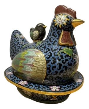 Cloisonné Chicken Hen and Chick Nesting Covered Box
