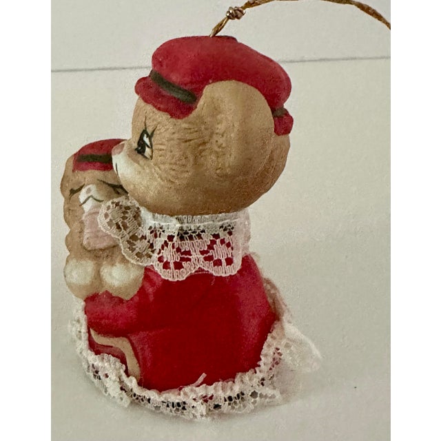 Vintage Mid 20th Century Hand Painted Bisque Porcelain Mother Mouse With Baby Bell Tree Ornament For Sale - Image 4 of 9