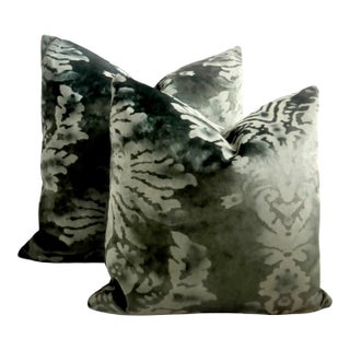 Venezia Verde 24" Velour Velvet Pillows - A Pair For Sale