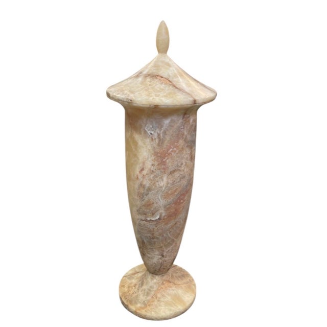 Neoclassical Vintage Hand-Carved Onyx Marble Covered Urn Vase For Sale - Image 3 of 12