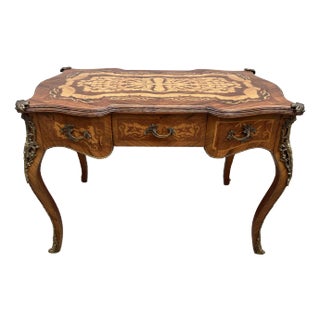 Louis XV Style Marquetry Inlaid Writing Desk With Brass Ormolu For Sale