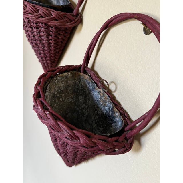 Mid 20th Century Victorian English Burgundy Wicker Conical Shaped Handle Wall Pockets, a Pair For Sale - Image 10 of 11