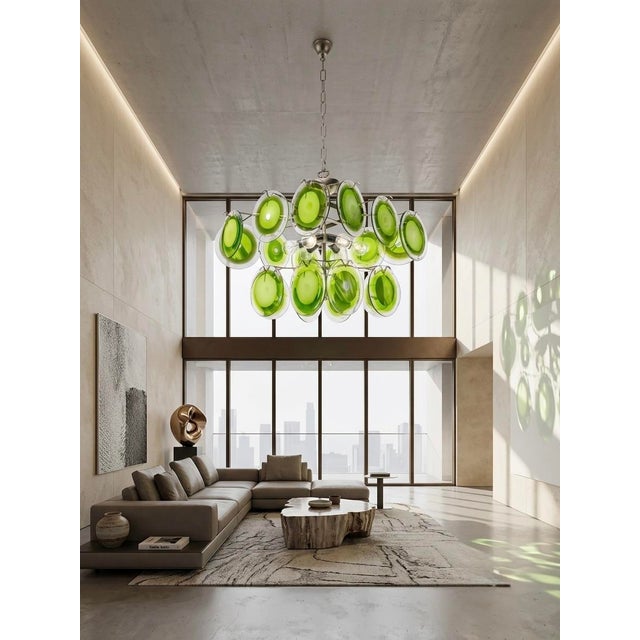 Light Green Mid-Century Italian Modernist Chandelier by Gino Vistosi, 1970s Murano Green Glass Disc and Chrome For Sale - Image 8 of 8