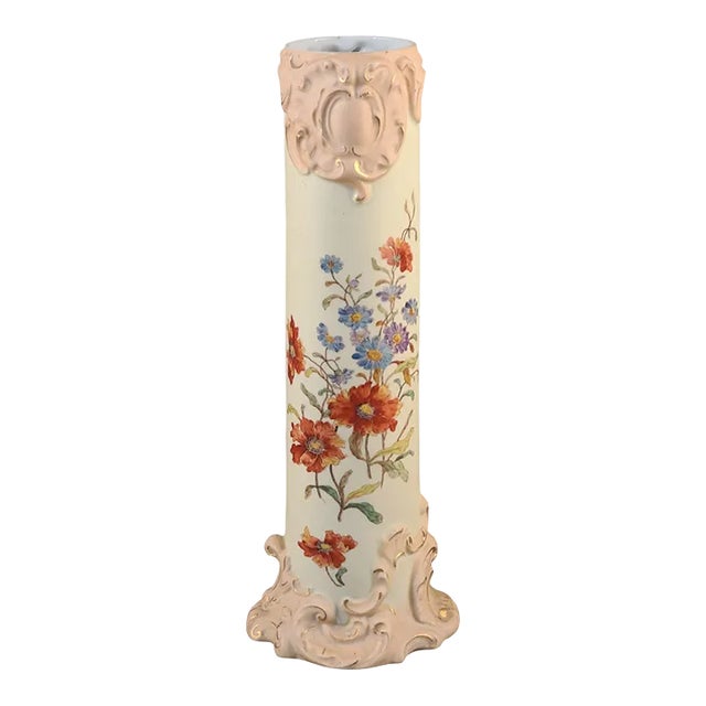 Antique Rudolstadt Germany Bisque Hand Painted Floral Tall Vase 16''high For Sale