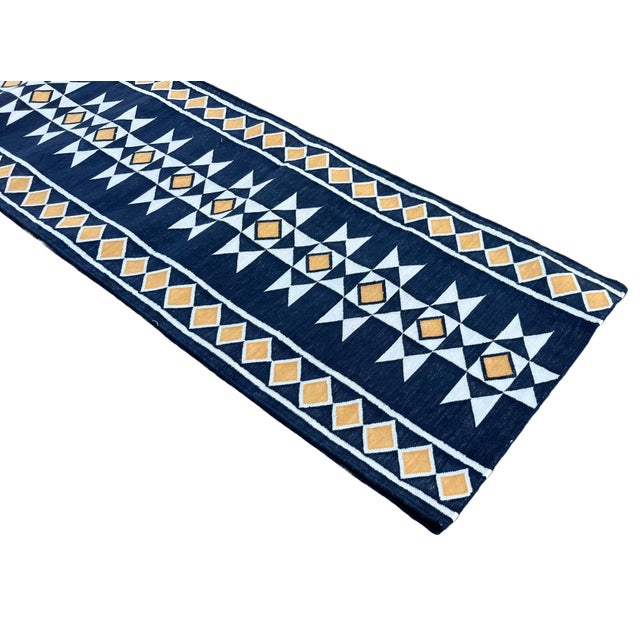 Textile Handmade Cotton Navy Blue Geometric Runner Rug, Vegetable Dyed Dhurrie Runner -3'x16' For Sale - Image 7 of 11