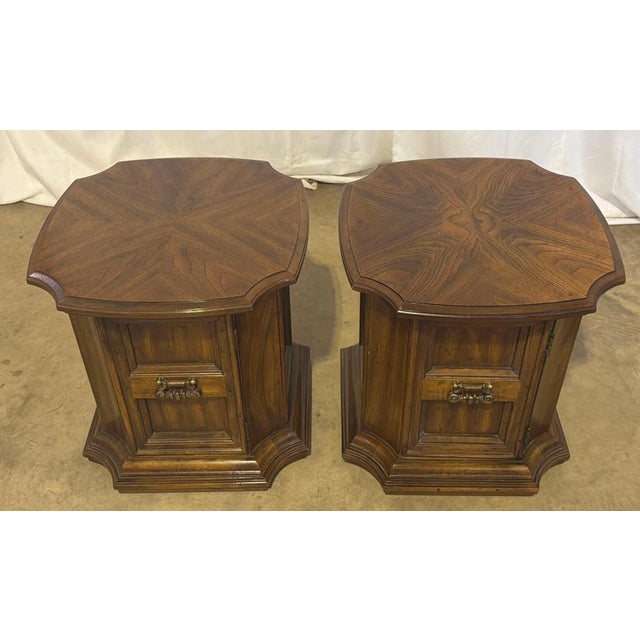 Vintage Drexel Mediterranean Walnut End Tables With Storage – A Pair For Sale - Image 11 of 11