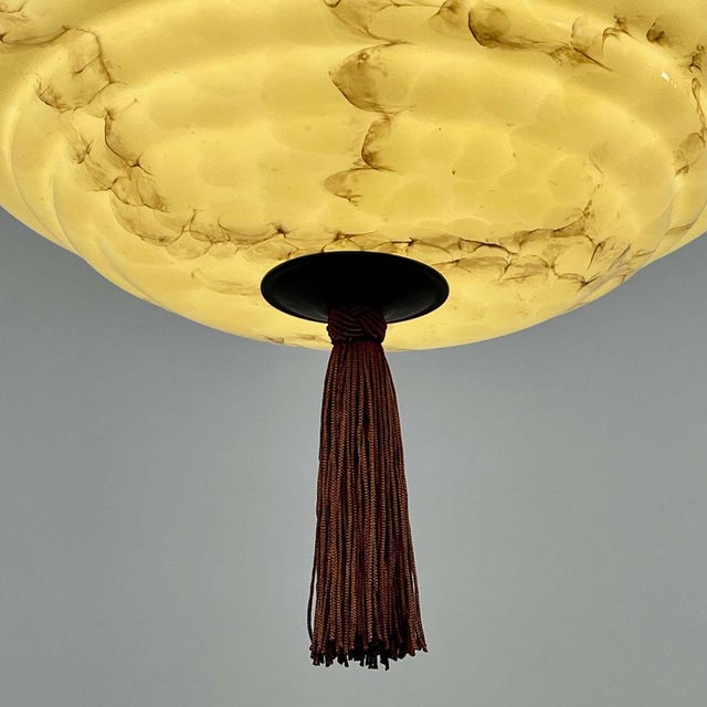 Art Deco Dark Cream Marbled Opaline & Bronzed Pendant with Tassel, Germany, 1930s For Sale - Image 12 of 17