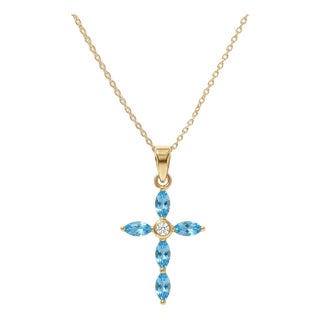Swiss Blue Topaz Cross Pendant | 18k Gold Plated Marquise Cross Necklace | December Birthstone Necklace for Her For Sale
