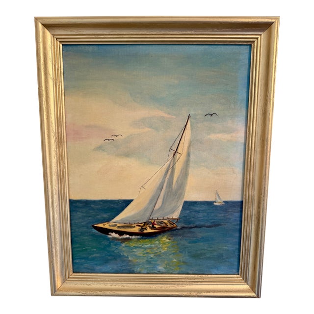 Vintage Mid-Century Nautical Sailboat Seascape Original Oil Painting in Gilt Frame For Sale