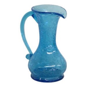 Mid Century Crackle Glass Blue Small Pitcher Vase 4424b