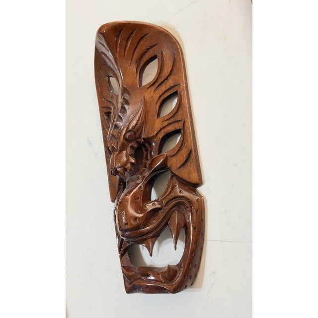 Pair of Vintage Philippine Hand-Carved Monkey Pod Wood Dragon & Demon Wall Masks For Sale - Image 9 of 12