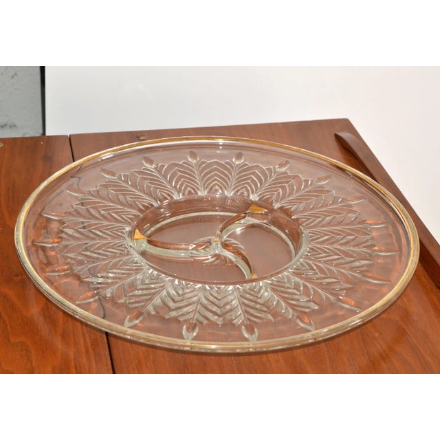Mid-Century Modern 1950s Art Deco Jeanette Depression Glass Crystal Relish Dish Serving Platter 22k Gold Trim For Sale - Image 3 of 12