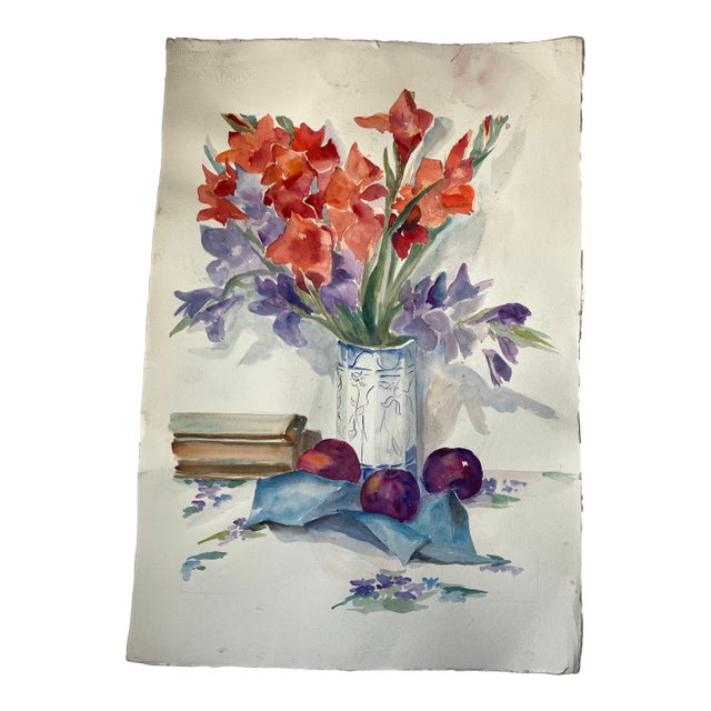 1980’s Original Impressionist Floral Still Life Watercolor Painting With Fruit For Sale