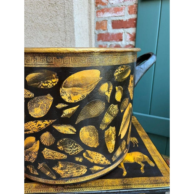 Large Antique English Planter Cachepot Black Metal Lacquer Shell Decoupage C1890 For Sale - Image 17 of 18