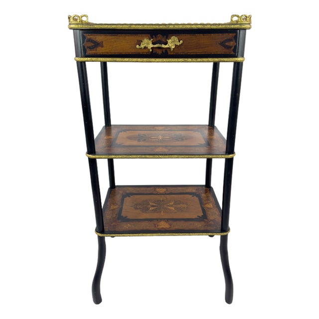 19th Century French Napoleon III Marquetry Inlaid Etagere Side Table For Sale