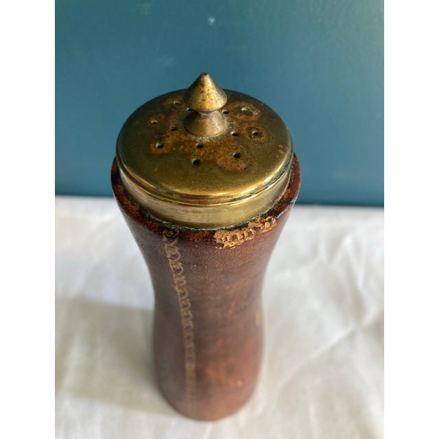 Metal Vintage Embossed Leather and Brass Salt Shaker For Sale - Image 7 of 9