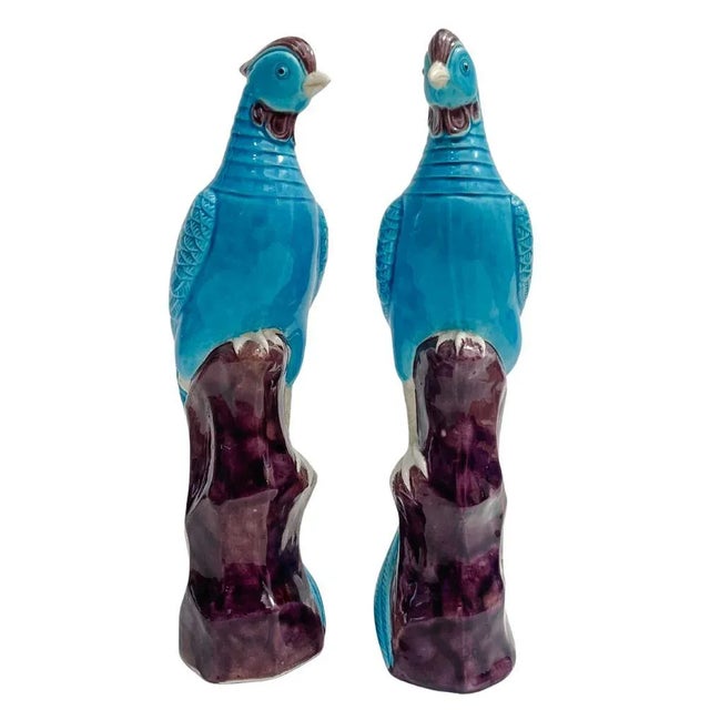 Early 20th Century Chinese Turquoise Porcelain Perched Phoenix Birds - A Pair For Sale - Image 4 of 10