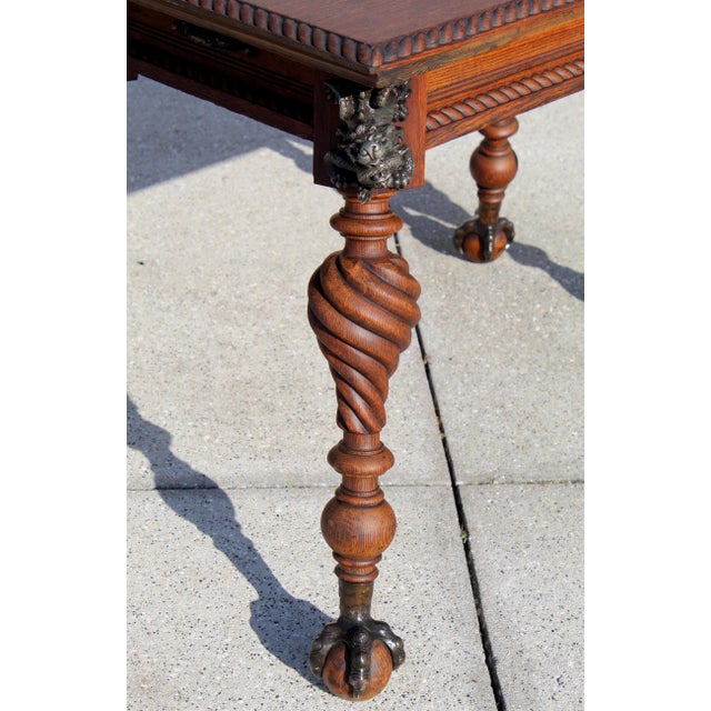Antique Renaissance Revival Carved Oak Writing Table / Desk With Bronze Dragons & Clawed Feet For Sale - Image 13 of 18