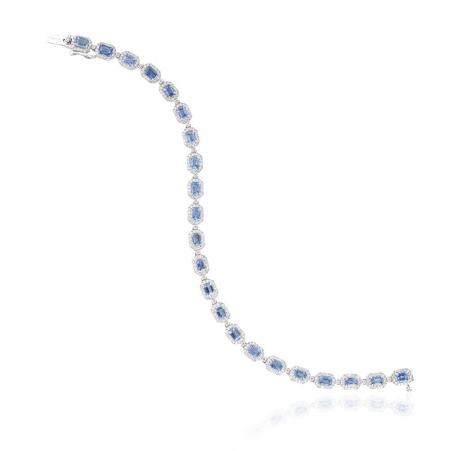Modern 14k Gold Tennis Bracelet 5.55ct Blue Sapphire & 1.54ct Diamond Halo For Sale - Image 11 of 18