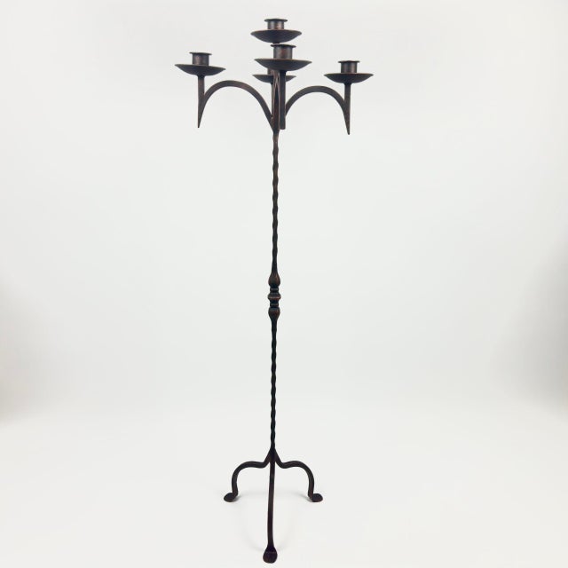 Metal Hand Forged Iron Floor Candelabra 49″ (124cm) Antique Copper Patina 5-Arm Classic Candle Holder Gothic Church Decor For Sale - Image 7 of 8