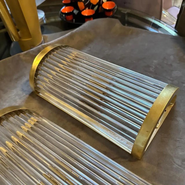 Two Sciolari Style Mid-Century Modern Brass and Glass Italian Wall Sconces For Sale - Image 6 of 12